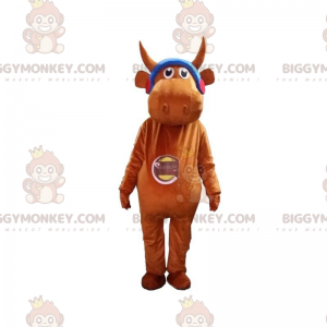 Brown cow BIGGYMONKEY™ mascot costume with headphones, bull