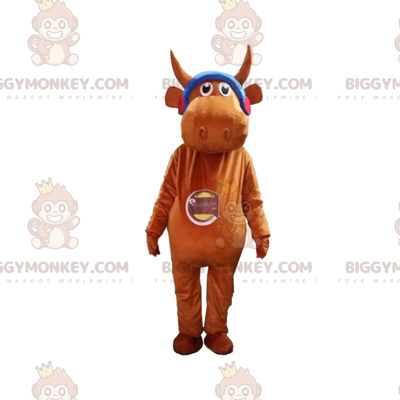 Bruine koe BIGGYMONKEY™ mascottekostuum met koptelefoon