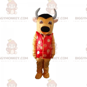 BIGGYMONKEY™ Mascot Costume Yellow & Black Bull With Red Asian