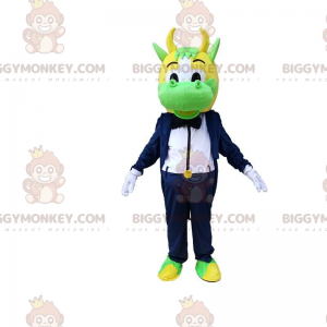 Grön och gul ko BIGGYMONKEY™ maskotdräkt klädd i snygg smoking