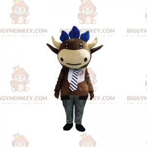 Brown cow BIGGYMONKEY™ mascot costume with tie and gray pants -