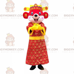 Traje de mascote BIGGYMONKEY™ de rato vermelho vestido com uma