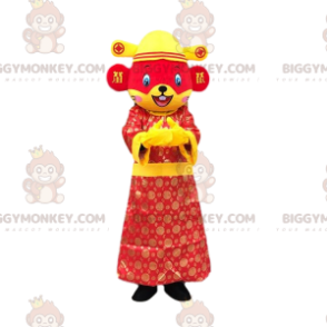Traje de mascote BIGGYMONKEY™ de rato vermelho e amarelo com