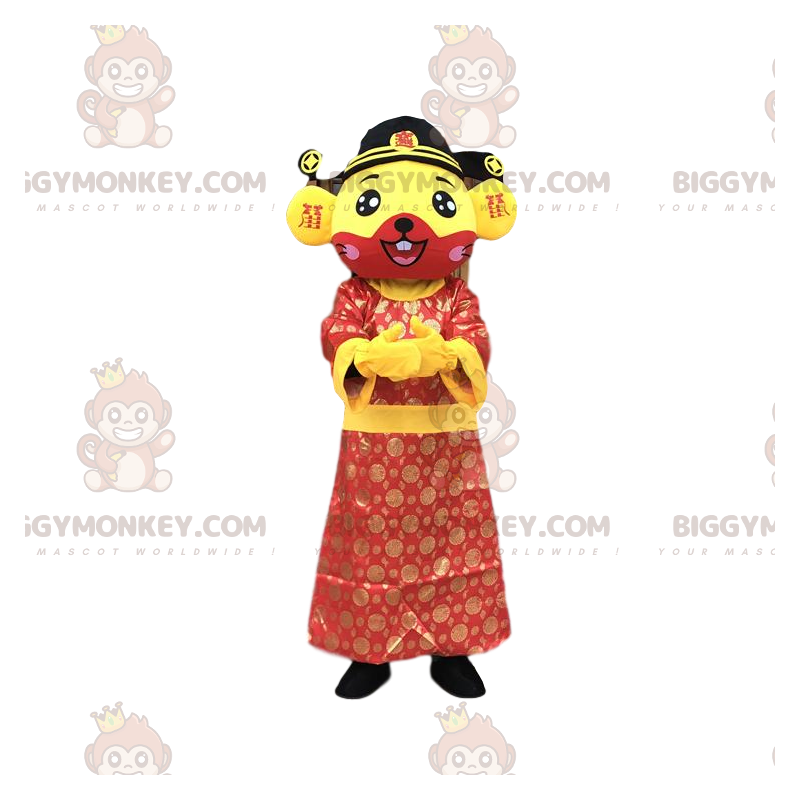 BIGGYMONKEY™ maskotdräkt av gul och röd mus som bär asiatisk BIGGYMONKEY™ maskotdräkt av gul och röd mus som bär asiatisk