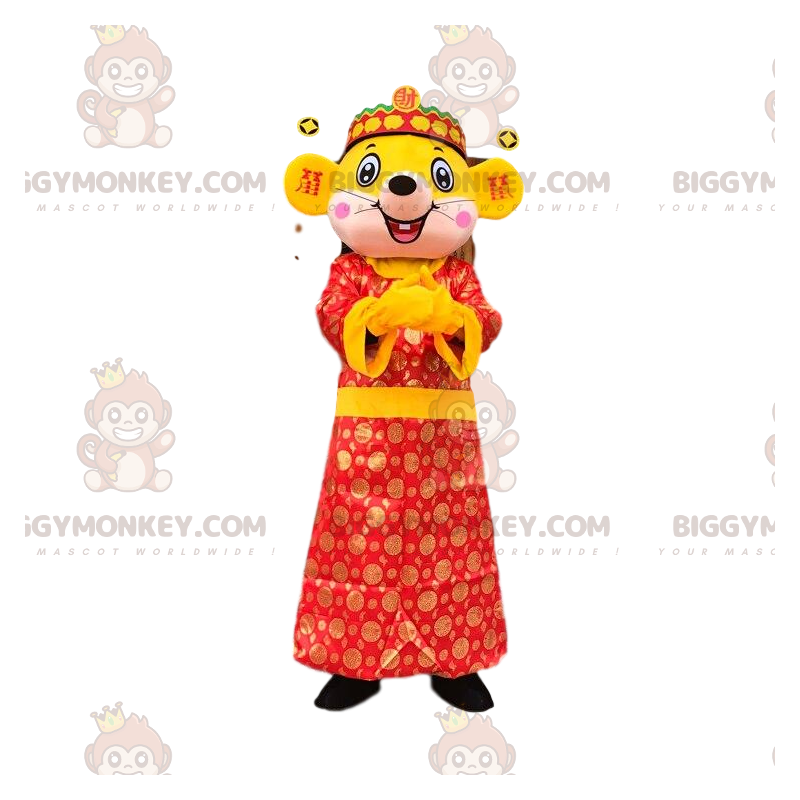 Żółty kostium maskotki BIGGYMONKEY™, ubrana w azjatycką Żółty kostium maskotki BIGGYMONKEY™, ubrana w azjatycką