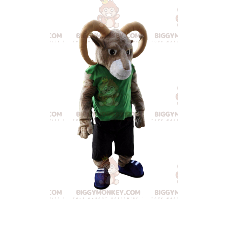 Costume de mascotte BIGGYMONKEY™ de bélier marron et blanc avec Costume de mascotte BIGGYMONKEY™ de bélier marron et blanc avec