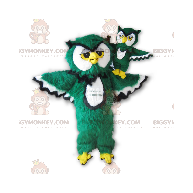 Alle Furry White Svart Gul Grønn Ugle BIGGYMONKEY™ maskotkostyme - Fuglemaskot - BIGGYMONKEY_0127 - BiggyMonkey.com