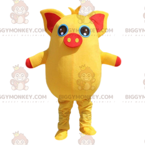Costume de mascotte BIGGYMONKEY™ de cochon jaune et rouge, dodu