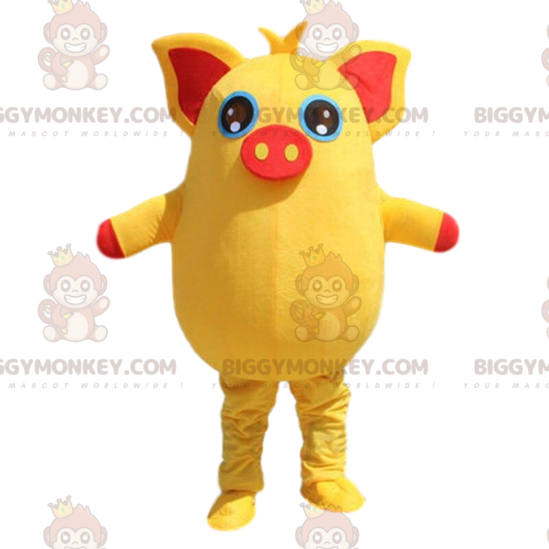 Disfraz de mascota de cerdo amarillo y rojo BIGGYMONKEY™ Disfraz de mascota de cerdo amarillo y rojo BIGGYMONKEY™