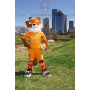 Orange och vit räv BIGGYMONKEY™ maskotdräkt i gula sportkläder - Räv maskot - BIGGYMONKEY_01184 - BiggyMonkey.com