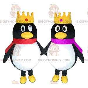 2 pingüinos mascota de BIGGYMONKEY™ con coronas, pareja de