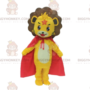 BIGGYMONKEY™ mascot costume of little yellow lion with a cape