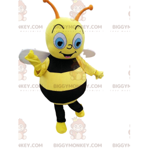 BIGGYMONKEY™ maskot kostume sort og gul bi, flyvende insekt