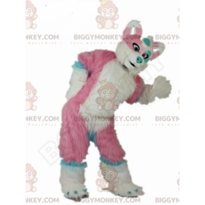 Costume da cane rosa, blu e bianco, gigante e tutto peloso -