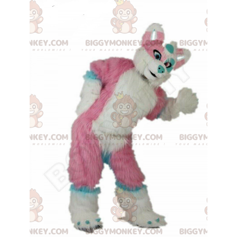 Fato de cão rosa, azul e branco, gigante e todo peludo –