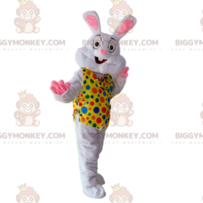Στολή μασκότ λευκού κουνελιού BIGGYMONKEY™ με πολύχρωμο κίτρινο γιλέκο πουά - Μασκότ κουνελιού - BiggyMonkey.com
