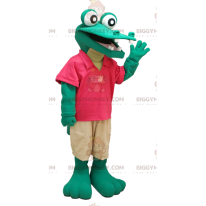 BIGGYMONKEY™ maskotkostume af grøn krokodille i rødt og brunt