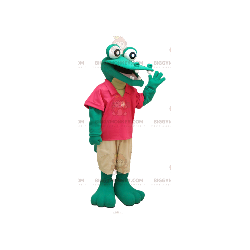 Costume de mascotte BIGGYMONKEY™ de crocodile vert en tenue Costume de mascotte BIGGYMONKEY™ de crocodile vert en tenue
