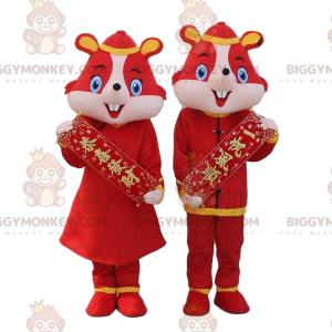 2 disfraces de ratones rojos, hámsteres con atuendos asiáticos