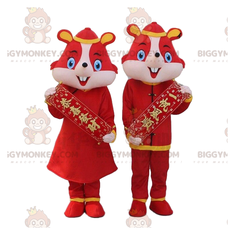 2 costumes of red mice, hamsters in Asian outfits -