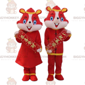 2 fantasias de ratos vermelhos, hamsters em trajes asiáticos –