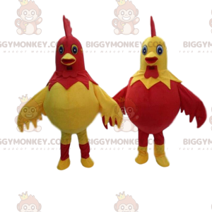 2 disfraces de gallos gigantes y coloridos, la mascota de la