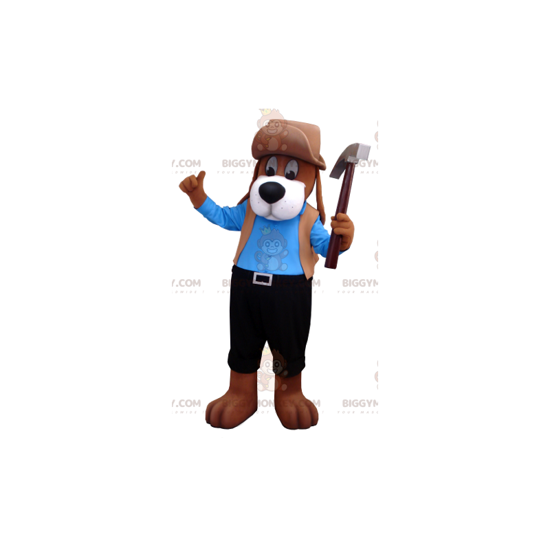 BIGGYMONKEY™ Costume da mascotte di cane marrone in abito blu e BIGGYMONKEY™ Costume da mascotte di cane marrone in abito blu e