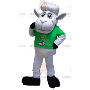 Weißes Schaf BIGGYMONKEY™ Maskottchen-Kostüm mit grünem T-Shirt