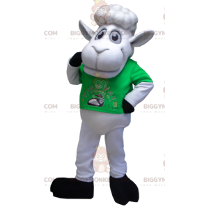 Στολή μασκότ White Sheep BIGGYMONKEY™ με πράσινο μπλουζάκι -