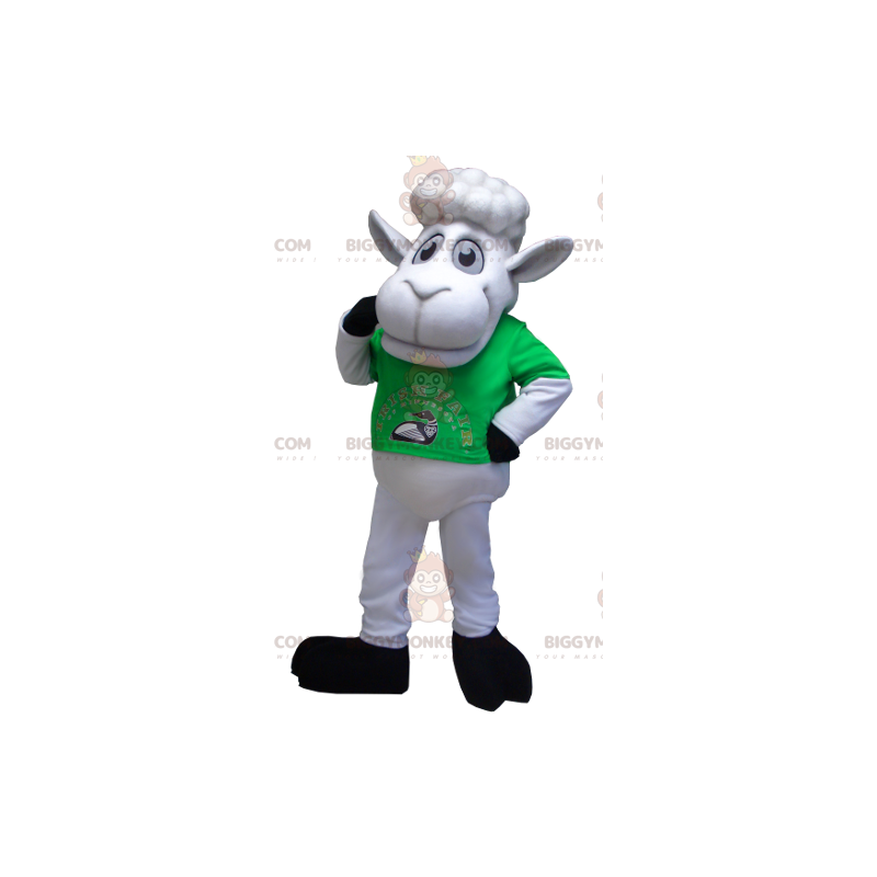 Costume da mascotte BIGGYMONKEY™ da pecora bianca con t-shirt Costume da mascotte BIGGYMONKEY™ da pecora bianca con t-shirt