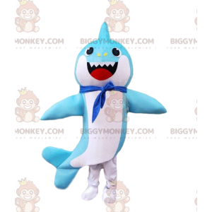 Blue and white shark costume with a scarf around the neck -