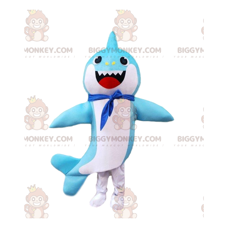 Blue and white shark costume with a scarf around the neck -