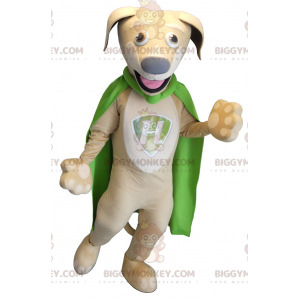 BIGGYMONKEY™ Mascot Costume Beige and White Dog with Green Cape