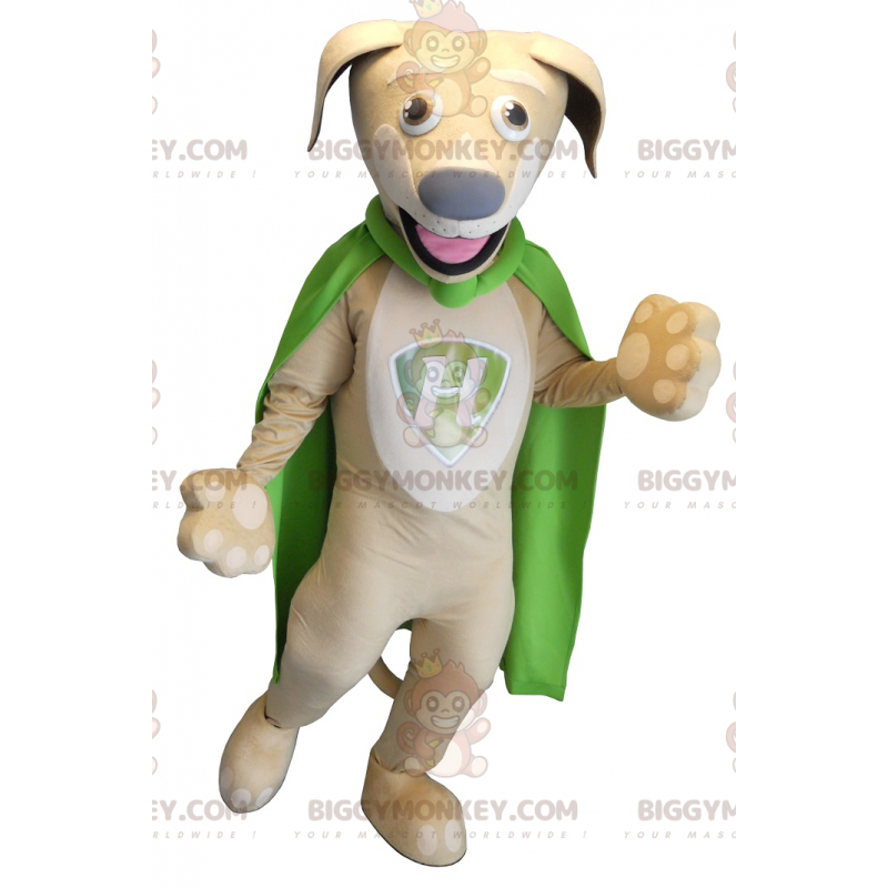 BIGGYMONKEY™ Mascottekostuum beige en witte hond met groene BIGGYMONKEY™ Mascottekostuum beige en witte hond met groene