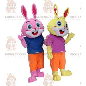 2 rabbit costumes, one yellow and one pink, with blue eyes -