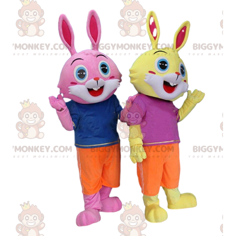 2 rabbit costumes, one yellow and one pink, with blue eyes -
