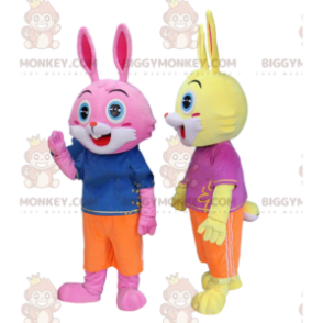 2 rabbit costumes, one yellow and one pink, with blue eyes -