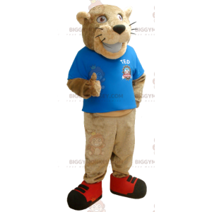 BIGGYMONKEY™ Mascot Costume of Beige Tiger with Blue T-Shirt -