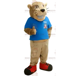 BIGGYMONKEY™ Mascot Costume of Beige Tiger with Blue T-Shirt -