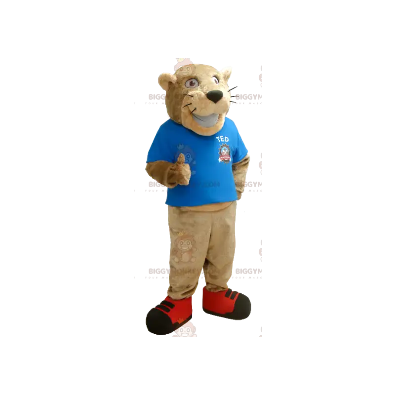 BIGGYMONKEY™ Mascot Costume of Beige Tiger with Blue T-Shirt - BIGGYMONKEY™ Mascot Costume of Beige Tiger with Blue T-Shirt -