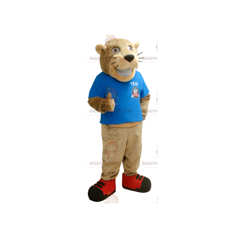 Costume de mascotte BIGGYMONKEY™ de tigre beige avec un t-shirt Costume de mascotte BIGGYMONKEY™ de tigre beige avec un t-shirt