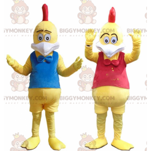 Gele kippenkostuums, kleurrijke hanen BIGGYMONKEY's mascotte -