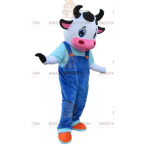 Ku kostyme med blå kjeledress, ku BIGGYMONKEY™ maskot kostyme - Kumaskot - BIGGYMONKEY_010646 - BiggyMonkey.com