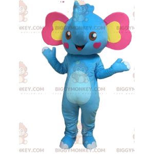 BIGGYMONKEY™ Mascot Costume Blue Elephant with Pink and Yellow