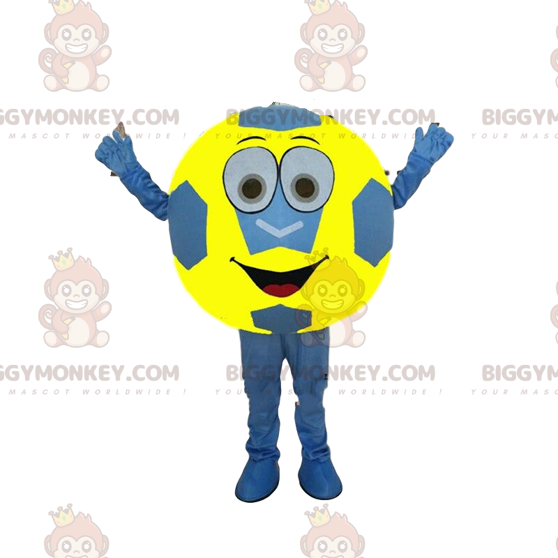 Costume della mascotte del pallone da calcio blu e giallo Costume della mascotte del pallone da calcio blu e giallo