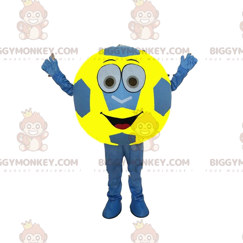 Μπλε και κίτρινη μπάλα ποδοσφαίρου BIGGYMONKEY™ μασκότ στολή