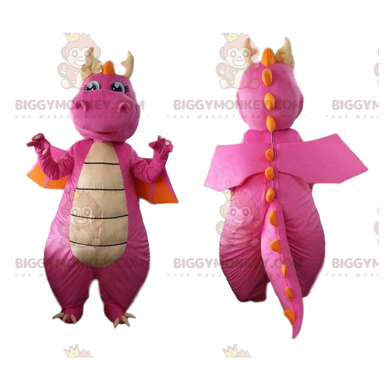 BIGGYMONKEY™ maskot kostume pink og orange drage, dinosaur