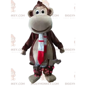 Brown Monkey BIGGYMONKEY™ Mascot Costume with Red and White
