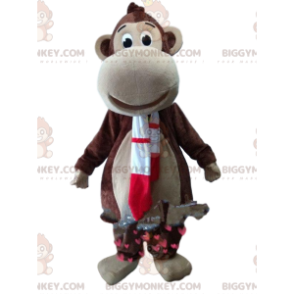 Κοστούμι μασκότ BIGGYMONKEY™ καφέ μαϊμού με κόκκινο και λευκό φουλάρι - Μασκότ μαϊμού - BIGGYMONKEY_010681 - BiggyMonkey.com