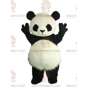 Fato de panda preto e branco com barriga peluda –
